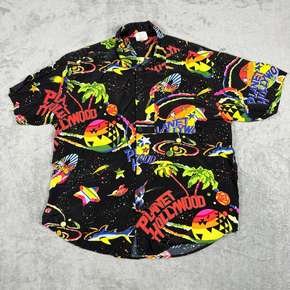Vintage Planet Hollywood Mens Medium Button Down Shirt 1991 All Over Space Print